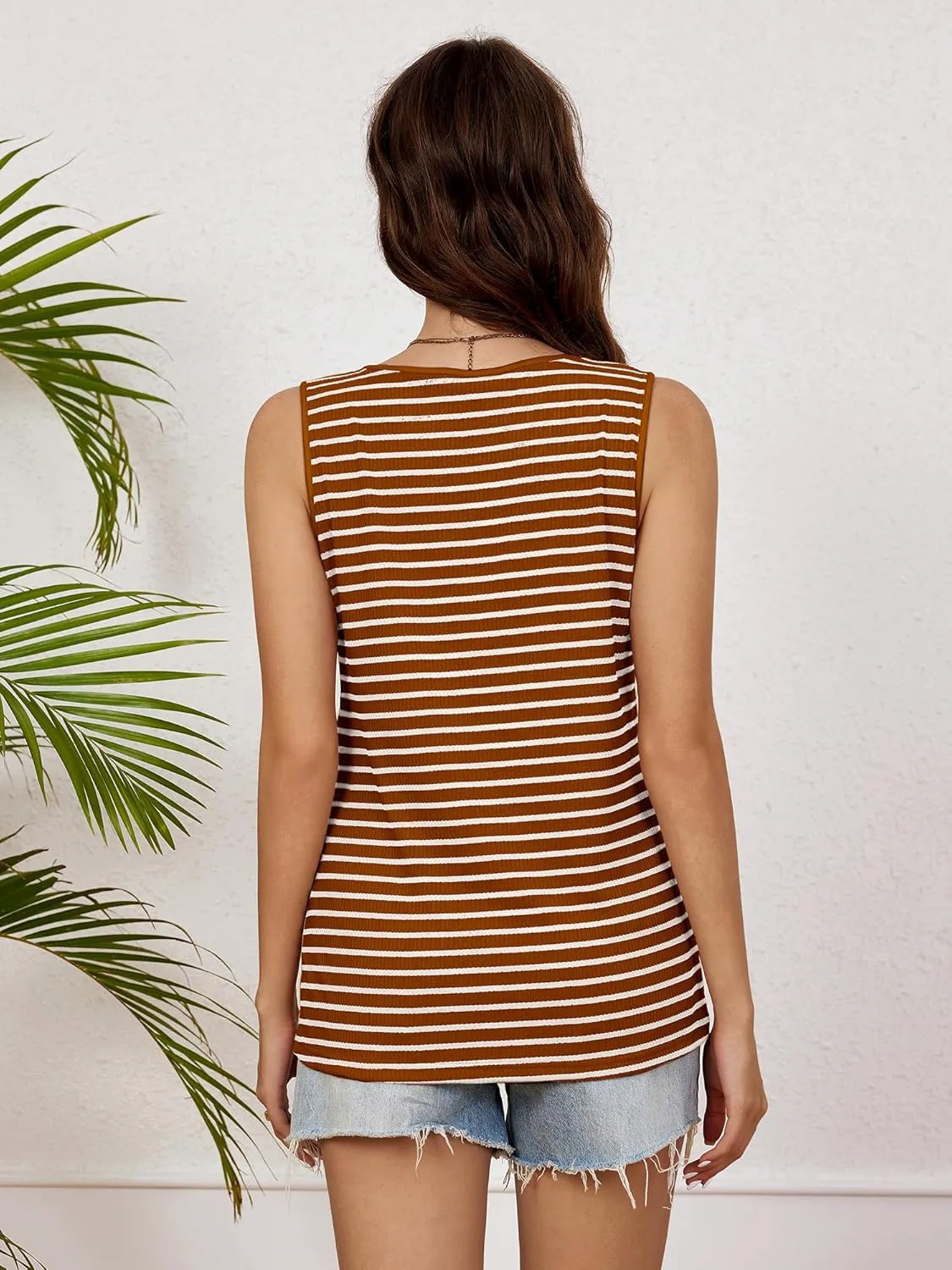 Anbech Women's Sleeveless Tank Tops Striped Print Summer Vest Casual Basic Tshirt