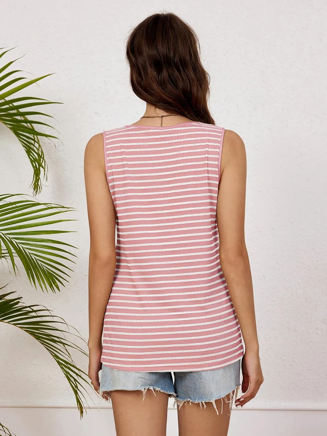 Anbech Women's Sleeveless Tank Tops Striped Print Summer Vest Casual Basic Tshirt