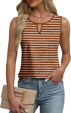 Anbech Women's Sleeveless Tank Tops Striped Print Summer Vest Casual Basic Tshirt
