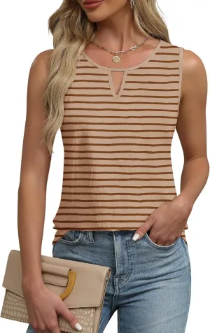 Anbech Women's Sleeveless Tank Tops Striped Print Summer Vest Casual Basic Tshirt