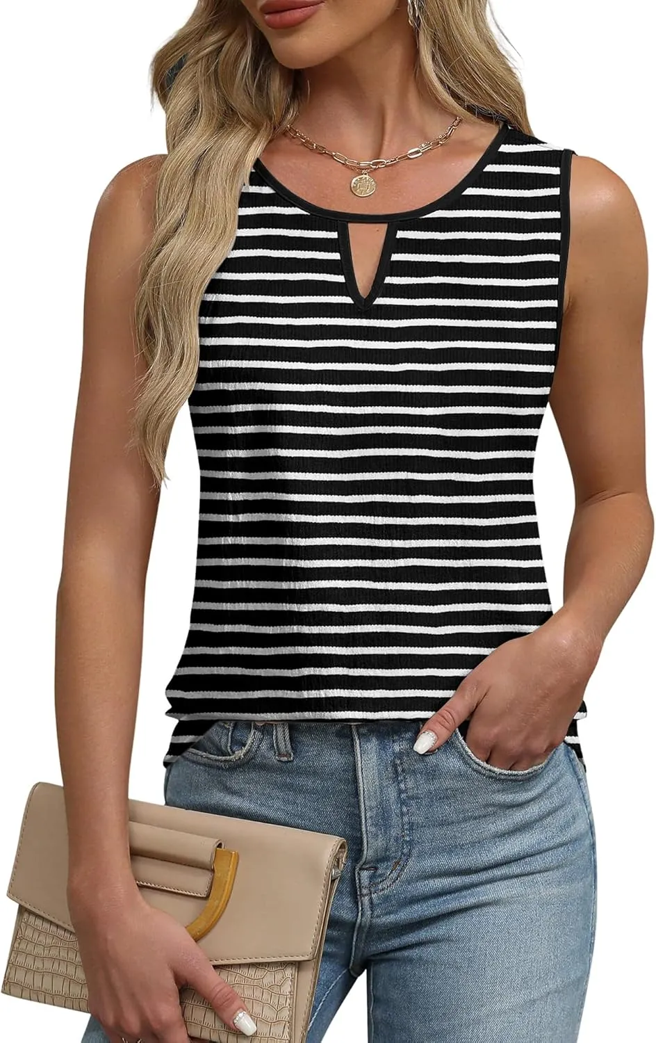 Anbech Women's Sleeveless Tank Tops Striped Print Summer Vest Casual Basic Tshirt