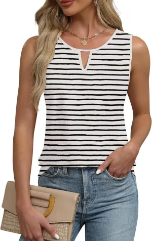 Anbech Women's Sleeveless Tank Tops Striped Print Summer Vest Casual Basic Tshirt