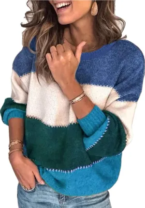 Angashion Women's Sweaters Casual Long Sleeve Crewneck Color Block Patchwork Pullover Knit Sweater Tops
