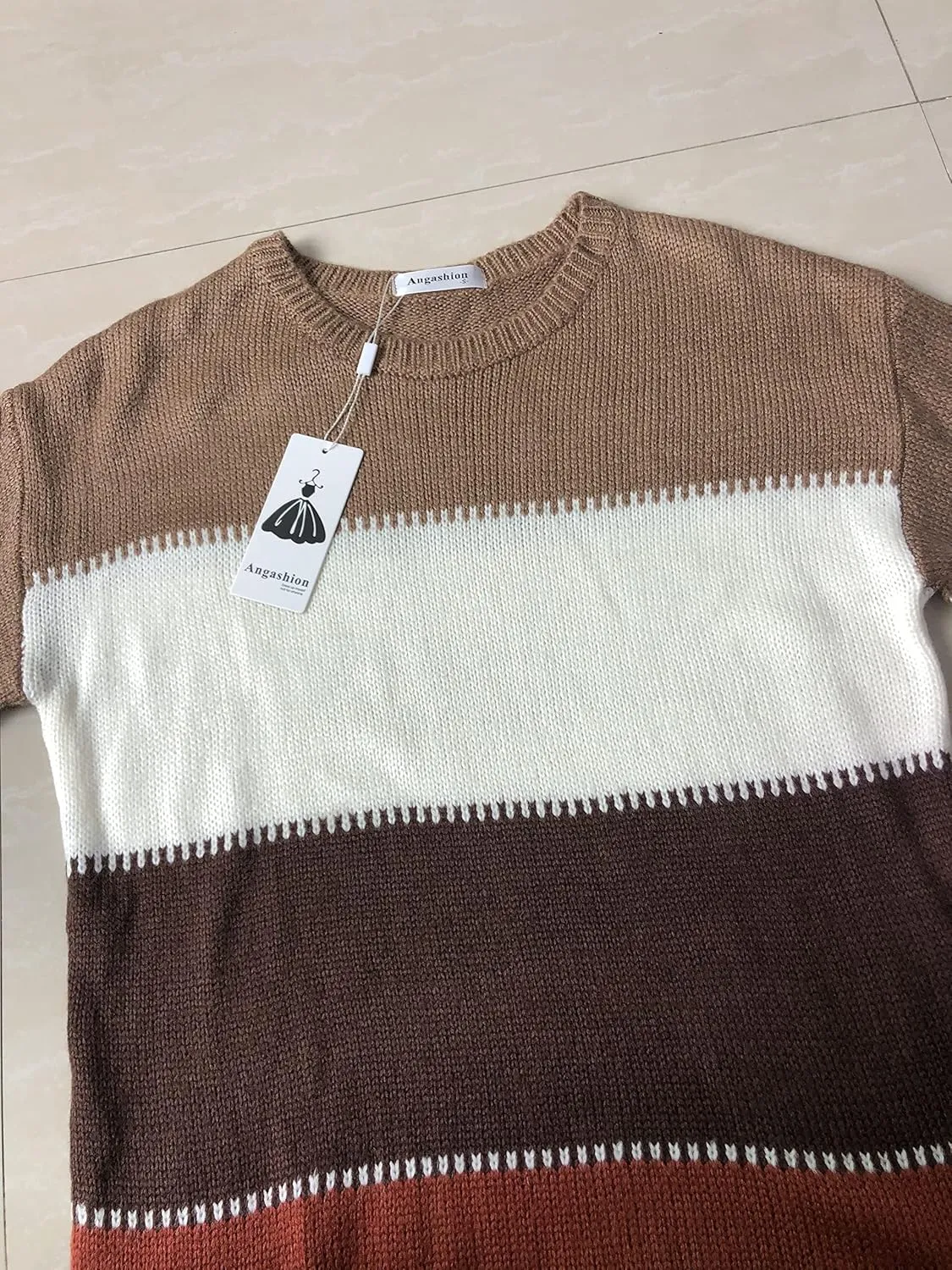 Angashion Women's Sweaters Casual Long Sleeve Crewneck Color Block Patchwork Pullover Knit Sweater Tops