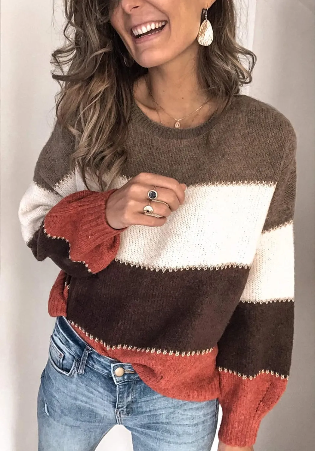 Angashion Women's Sweaters Casual Long Sleeve Crewneck Color Block Patchwork Pullover Knit Sweater Tops