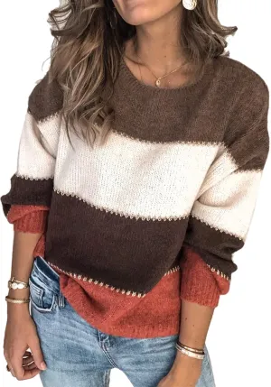 Angashion Women's Sweaters Casual Long Sleeve Crewneck Color Block Patchwork Pullover Knit Sweater Tops