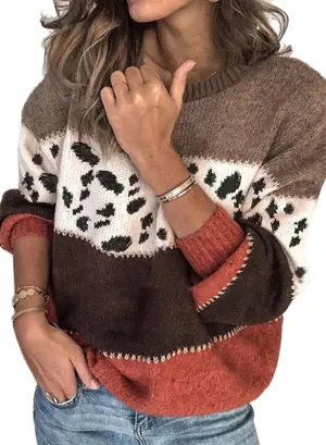 Angashion Women's Sweaters Casual Long Sleeve Crewneck Color Block Patchwork Pullover Knit Sweater Tops