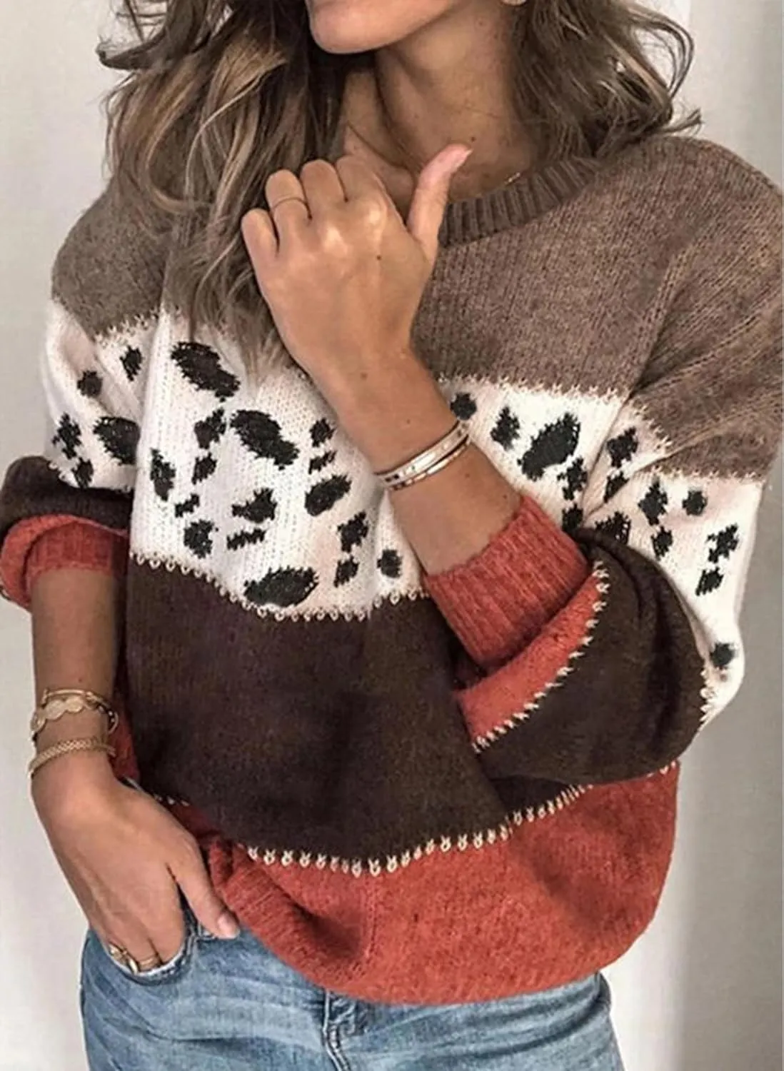 Angashion Women's Sweaters Casual Long Sleeve Crewneck Color Block Patchwork Pullover Knit Sweater Tops