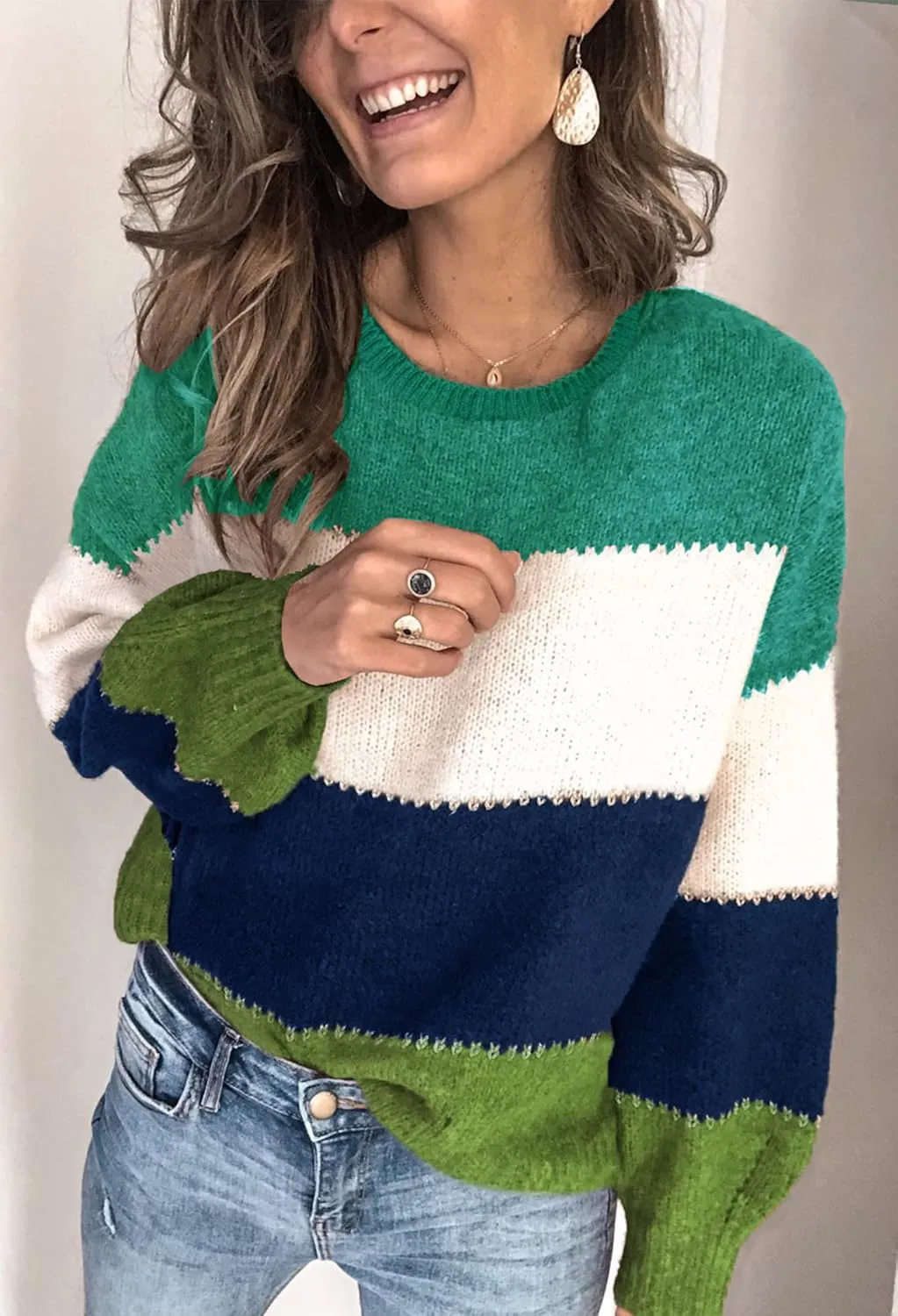 Angashion Women's Sweaters Casual Long Sleeve Crewneck Color Block Patchwork Pullover Knit Sweater Tops