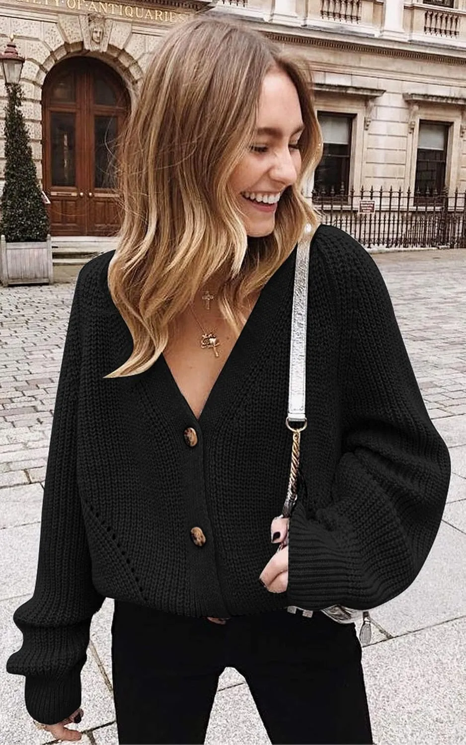 Angashion Women's V Neck Button Down Long Sleeve Cable Knit Cardigan Sweaters Outerwear Tops
