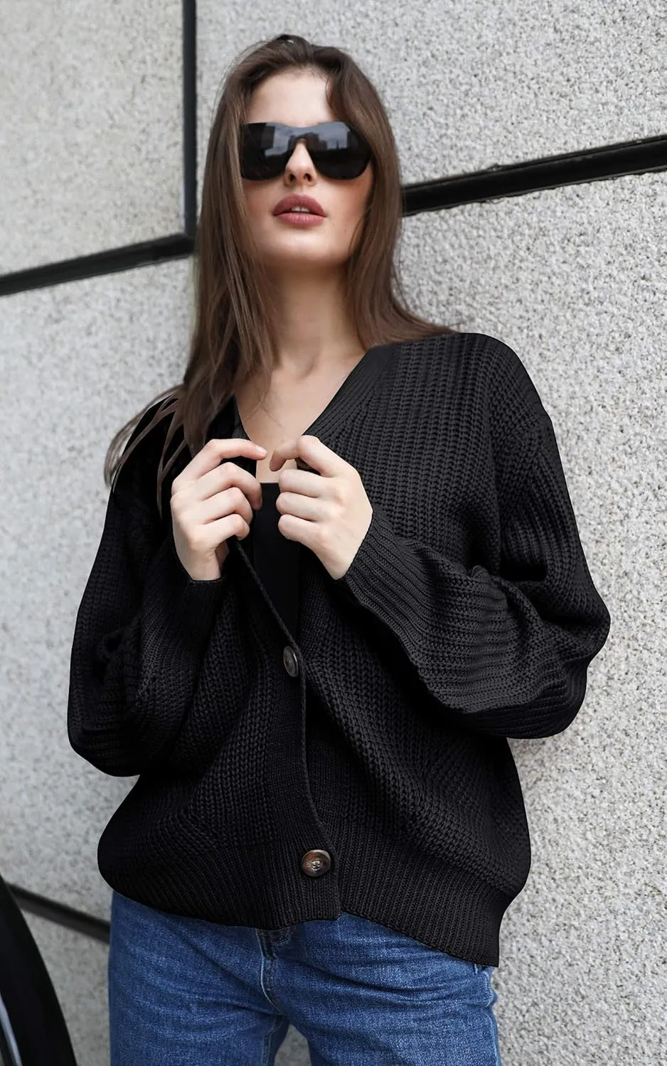 Angashion Women's V Neck Button Down Long Sleeve Cable Knit Cardigan Sweaters Outerwear Tops