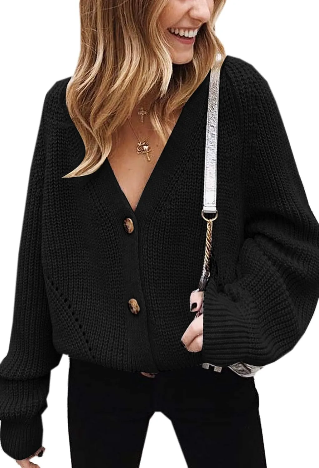 Angashion Women's V Neck Button Down Long Sleeve Cable Knit Cardigan Sweaters Outerwear Tops
