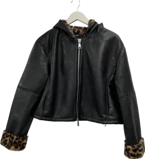 ASOS Black Leopard Print Bonded Hooded Faux Fur Jacket UK M