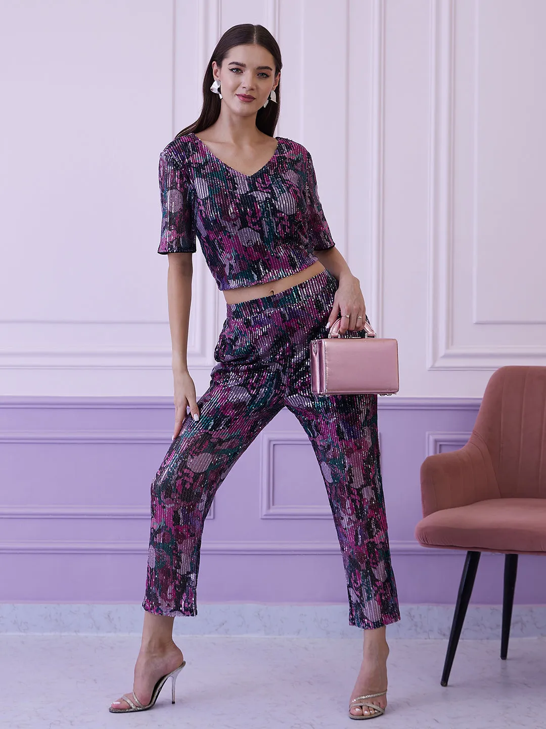 Athena Floral Embellished Sequinned Fitted Crop Top