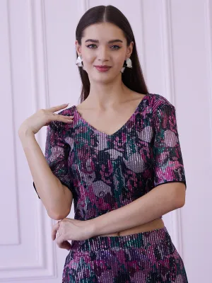 Athena Floral Embellished Sequinned Fitted Crop Top