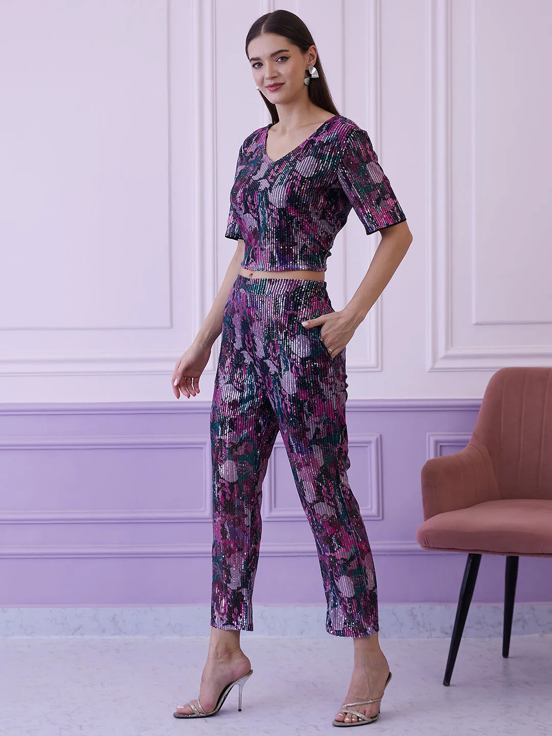 Athena Floral Embellished Sequinned Fitted Crop Top