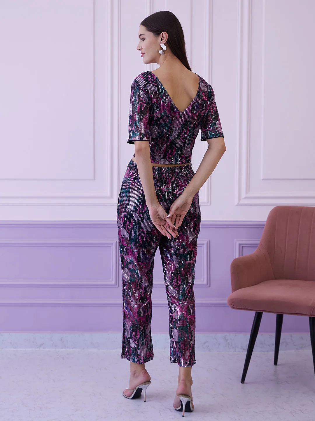Athena Floral Embellished Sequinned Fitted Crop Top