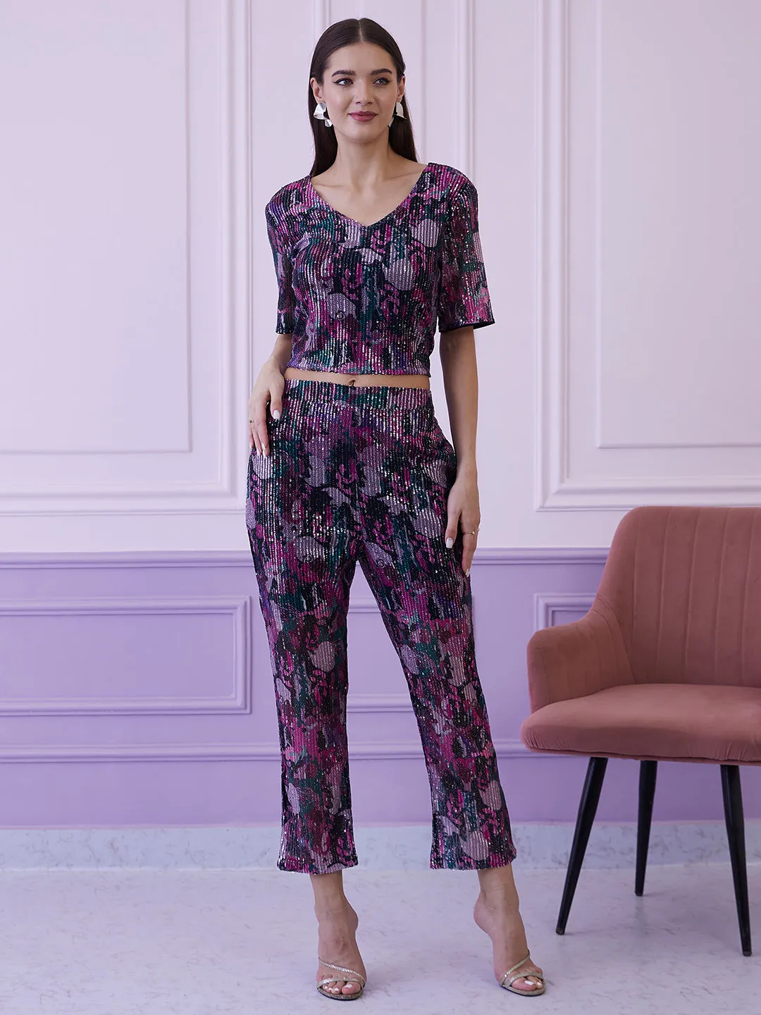Athena Floral Embellished Sequinned Fitted Crop Top