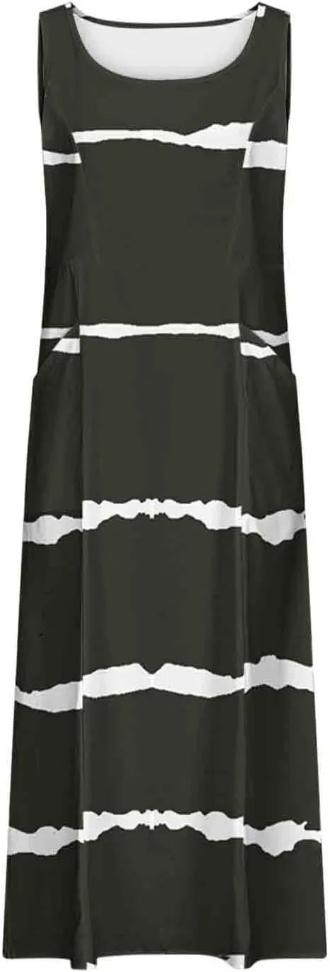 Aymnlox Womens Plus Size Summer Dress Strap Sleeveless Casual Long Sundress Elegant Ruffle Hem Striped Graphic Dresses