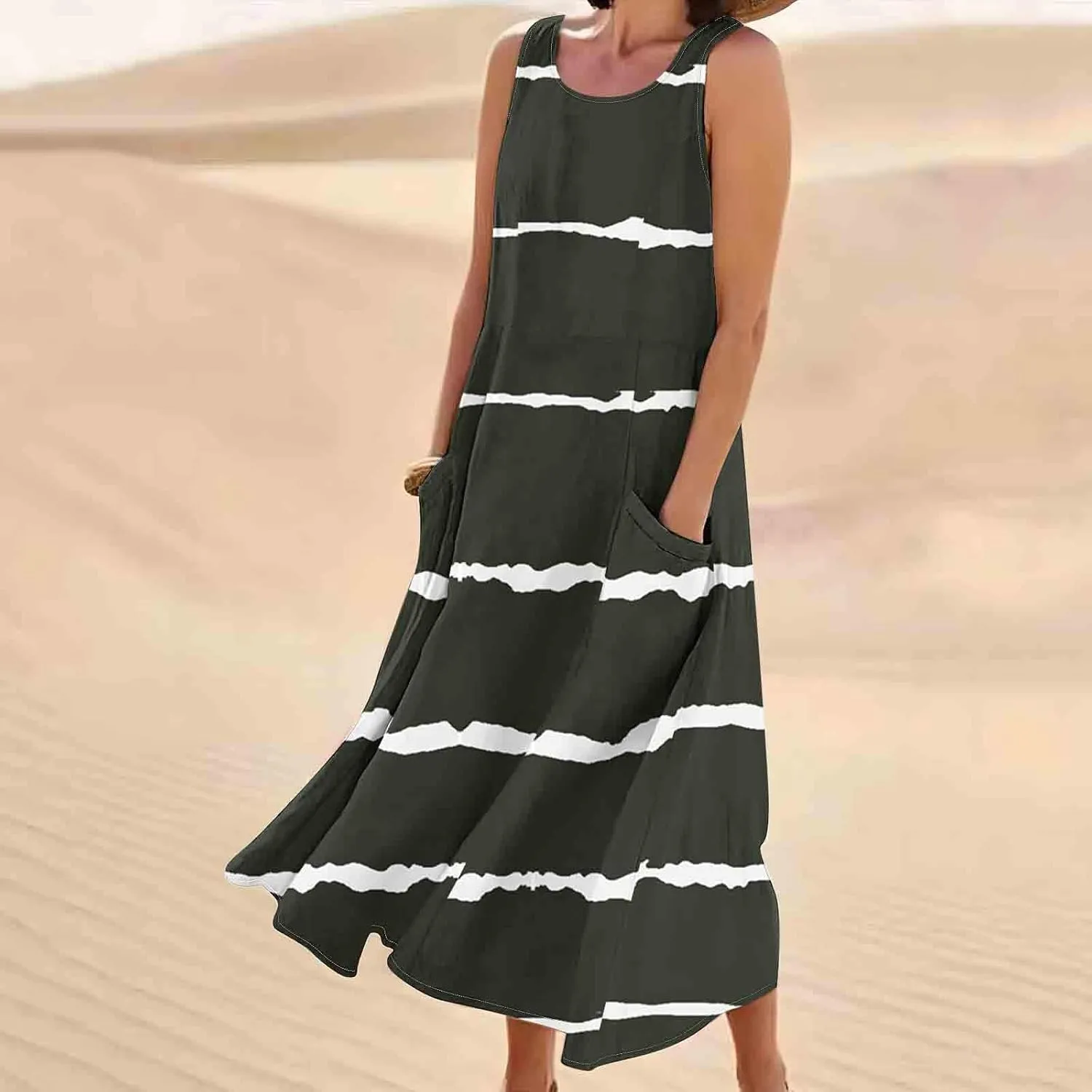 Aymnlox Womens Plus Size Summer Dress Strap Sleeveless Casual Long Sundress Elegant Ruffle Hem Striped Graphic Dresses
