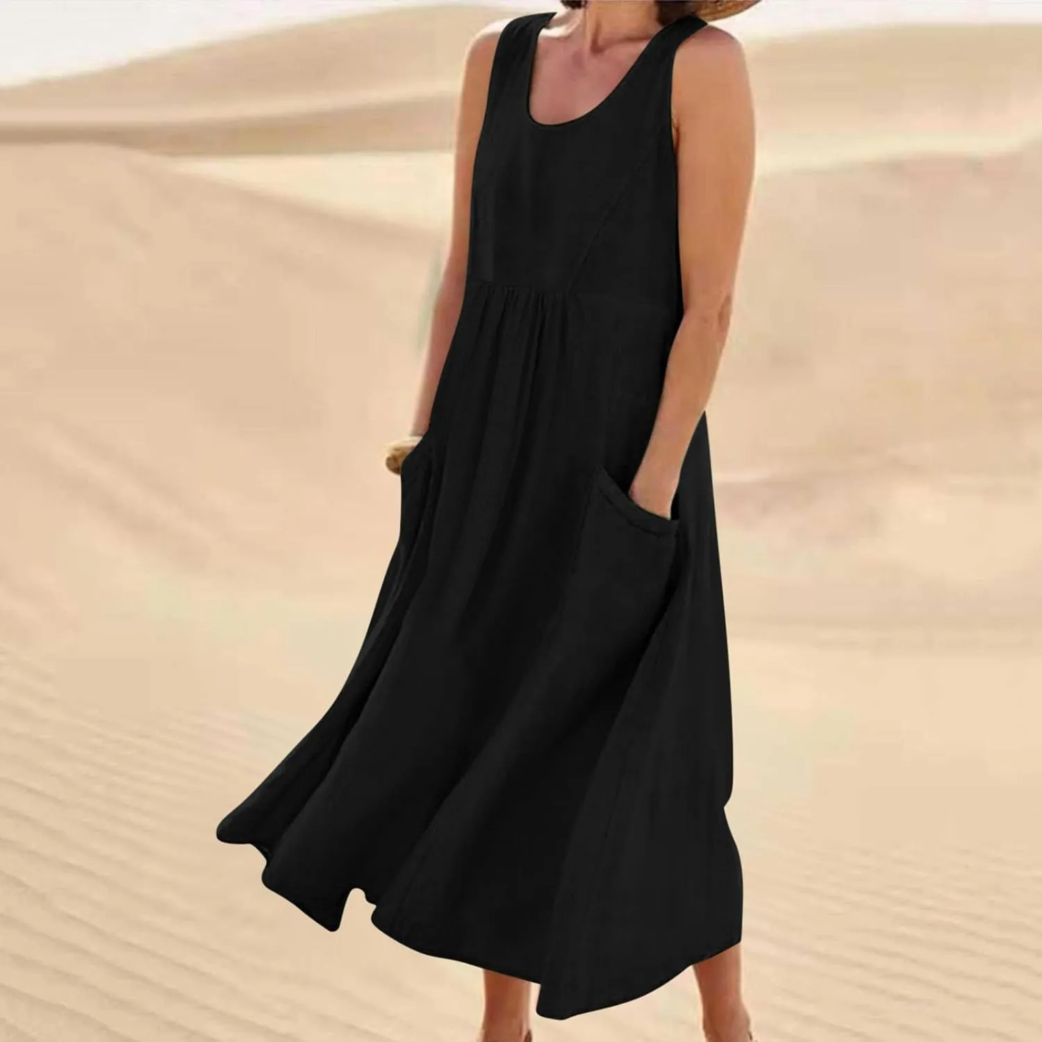 Aymnlox Womens Plus Size Summer Dress Strap Sleeveless Casual Long Sundress Elegant Ruffle Hem Striped Graphic Dresses