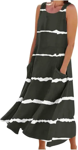 Aymnlox Womens Plus Size Summer Dress Strap Sleeveless Casual Long Sundress Elegant Ruffle Hem Striped Graphic Dresses