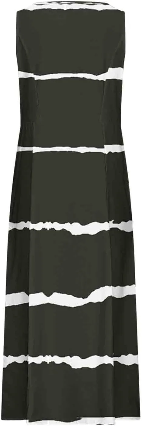 Aymnlox Womens Plus Size Summer Dress Strap Sleeveless Casual Long Sundress Elegant Ruffle Hem Striped Graphic Dresses