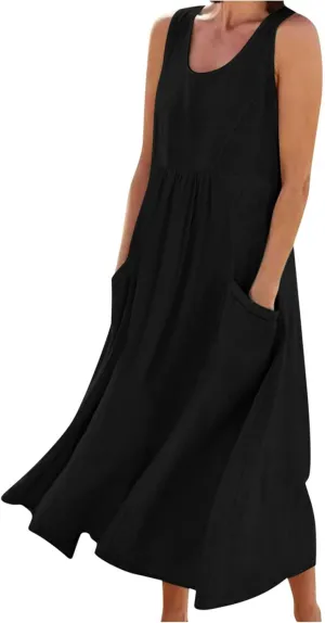 Aymnlox Womens Plus Size Summer Dress Strap Sleeveless Casual Long Sundress Elegant Ruffle Hem Striped Graphic Dresses