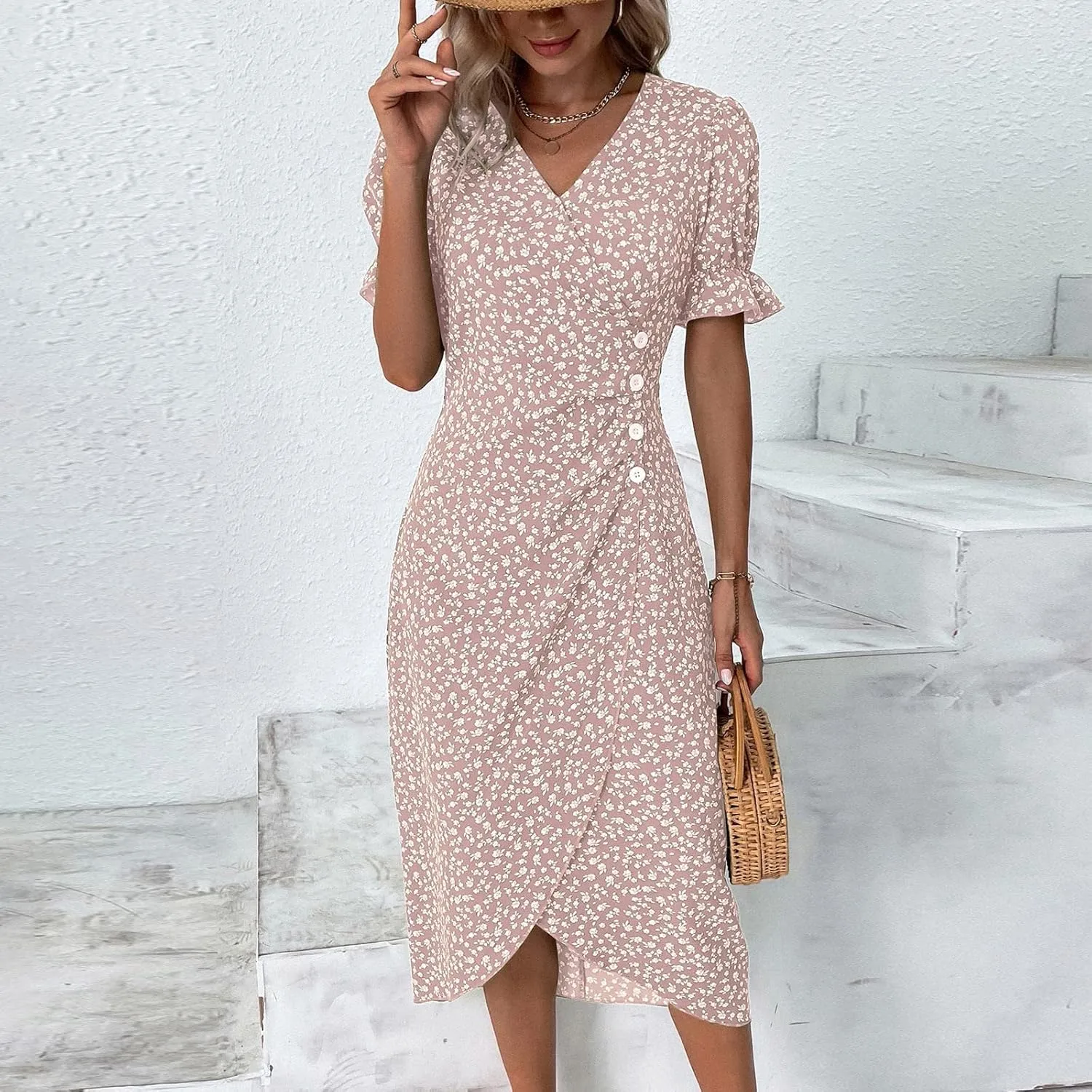 Beach Dresses for Women,2025 Summer Trendy Elegant V Neck Floral Boho Dress,Flowy Ruched Hawaiian Maxi Dress