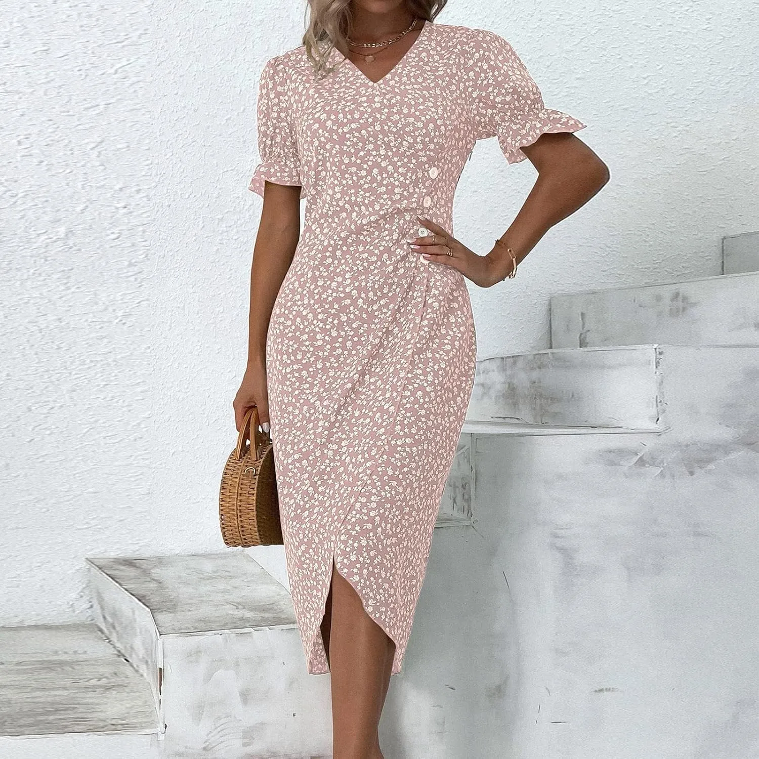 Beach Dresses for Women,2025 Summer Trendy Elegant V Neck Floral Boho Dress,Flowy Ruched Hawaiian Maxi Dress