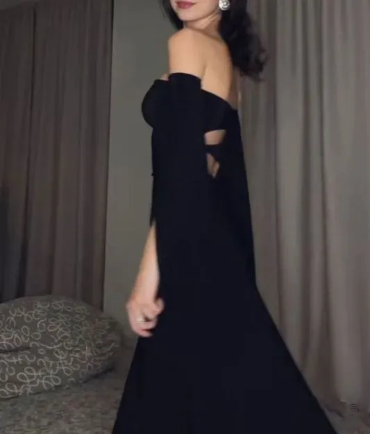 Black Off Shoulder Long Sleeves Mermaid Sexy Long Party Dress MD7339