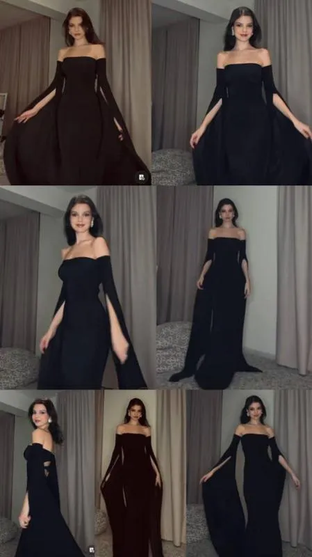 Black Off Shoulder Long Sleeves Mermaid Sexy Long Party Dress MD7339