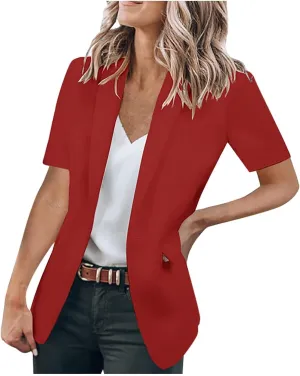 Blazers for Women Casual Work Office Slim Fit Herringbone Blazer Open Front Single Breasted Short Sleeve Suits Jacket