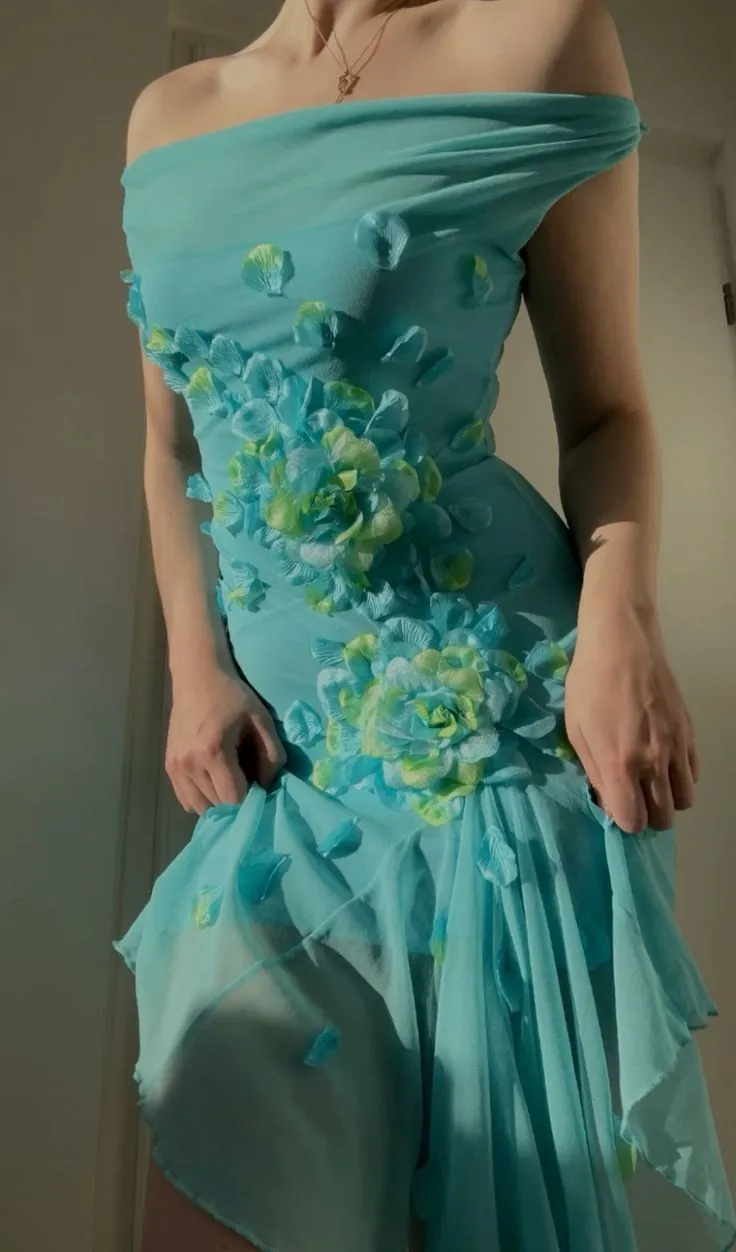 Blue Off Shoulder Sheath Midi length Cocktail Dress Vintage Party Dress, D567