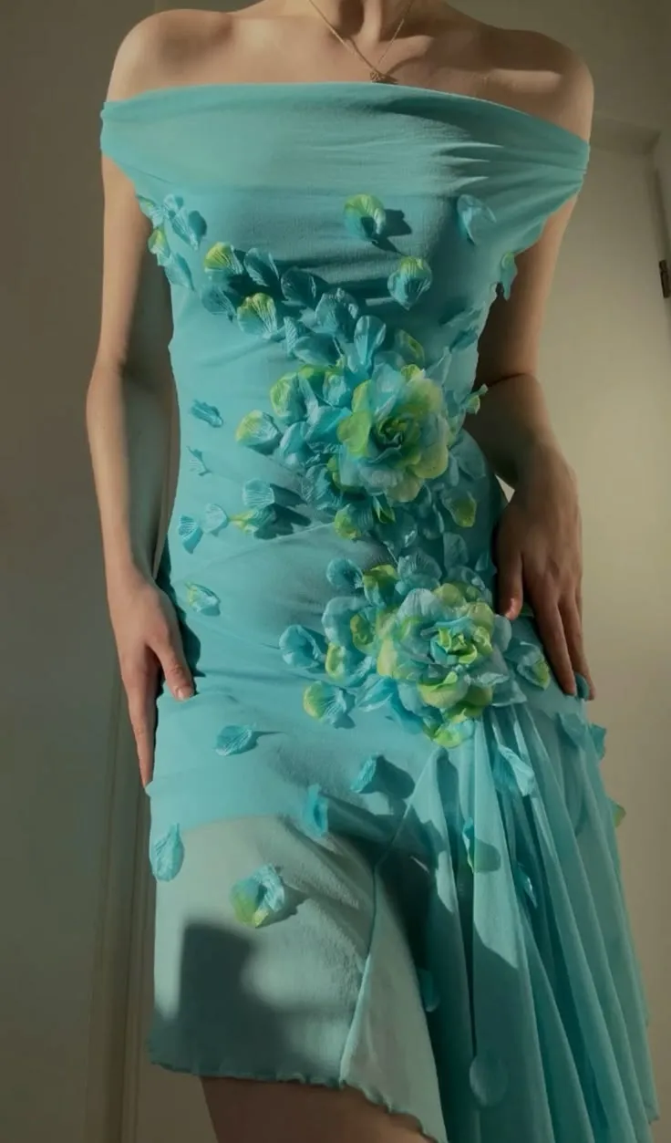 Blue Off Shoulder Sheath Midi length Cocktail Dress Vintage Party Dress, D567