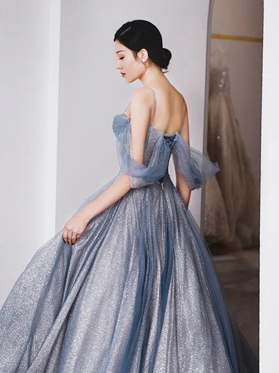 Blue Tulle A-Line Straps Off Shoulder Formal Evening Party Dress MD7191
