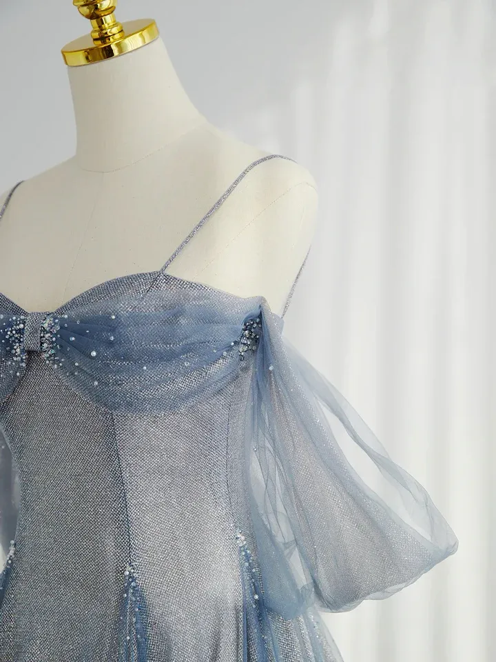 Blue Tulle A-Line Straps Off Shoulder Formal Evening Party Dress MD7191