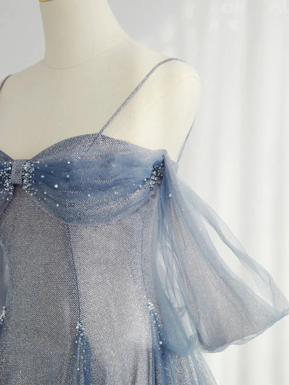 Blue Tulle A-Line Straps Off Shoulder Formal Evening Party Dress MD7191