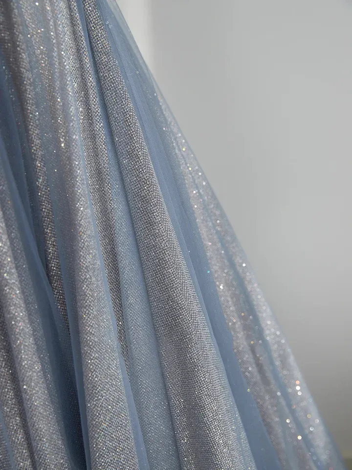 Blue Tulle A-Line Straps Off Shoulder Formal Evening Party Dress MD7191