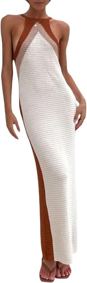 Bodycon Dresses for Women Summer Knit Hollow Out Sexy Night Out Midi Maxi Dress Sleeveless Long Cut Out Dress