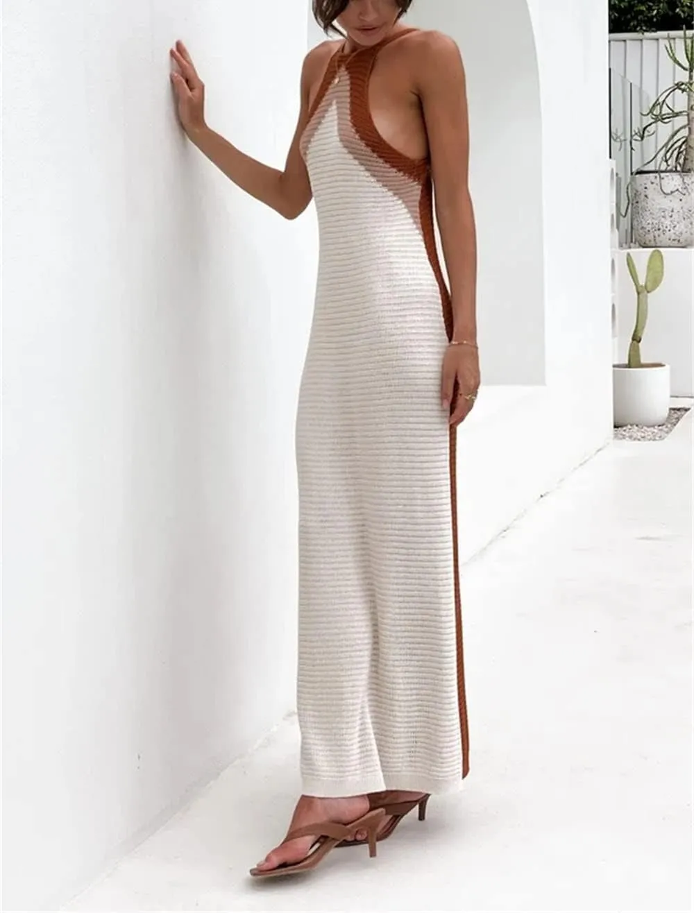 Bodycon Dresses for Women Summer Knit Hollow Out Sexy Night Out Midi Maxi Dress Sleeveless Long Cut Out Dress