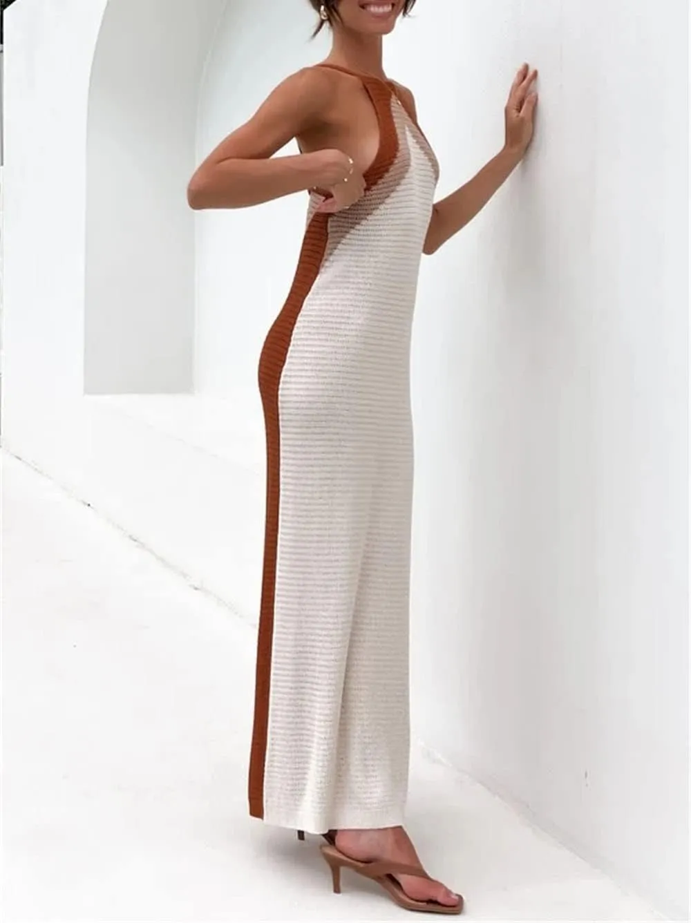 Bodycon Dresses for Women Summer Knit Hollow Out Sexy Night Out Midi Maxi Dress Sleeveless Long Cut Out Dress