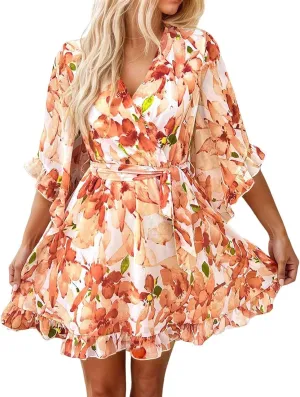 Boho Dresses for Women 2025 Floral Vintage Casual Summer Wrap Dress Half Sleeve V Neck Beach Vacation Sundresses