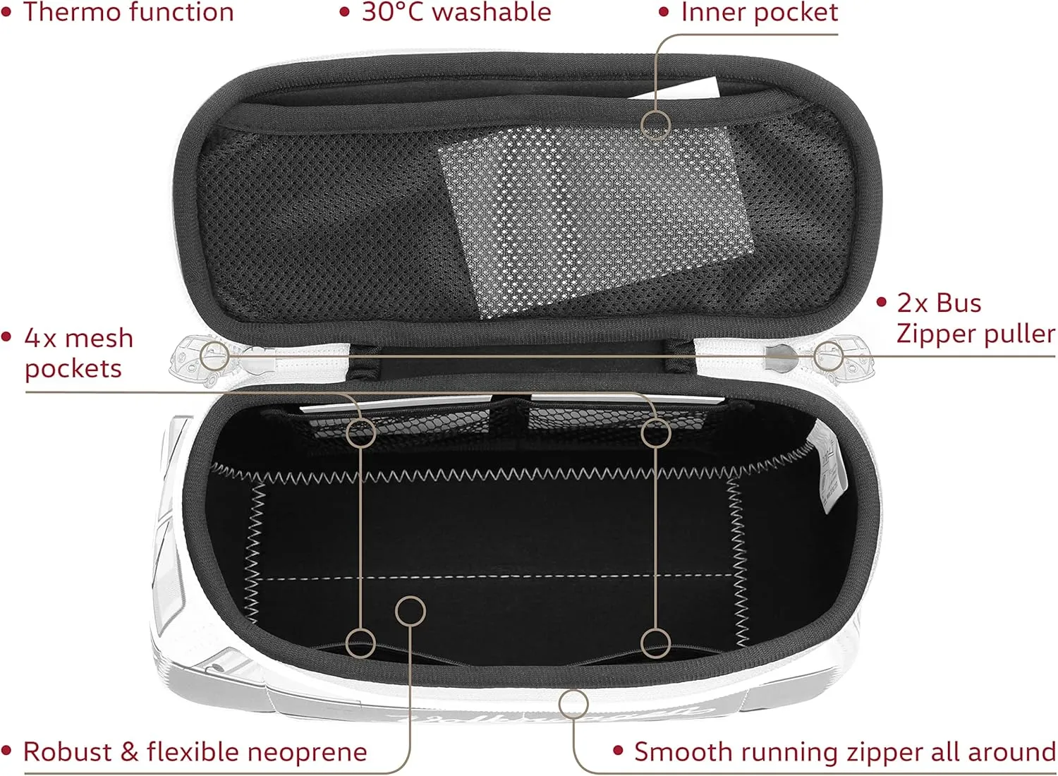 BRISA VW Collection - Volkswagen Neoprene Universal Makeup Cosmetics Toiletry Travel Pharmacy Bag in T1 Bus Design (Red/Black) (Small (9.1 x 4.3 x 3.1 inches))