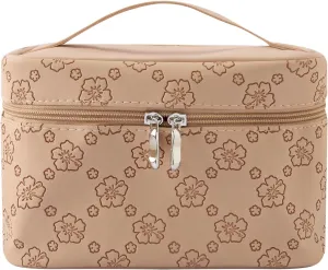 Brown PU leather Stylish Retro Makeup Cosmetic Toiletry Bag - Large Capacity Organizer with Premium PU, Anti - Wrinkle & Embossed floar Design