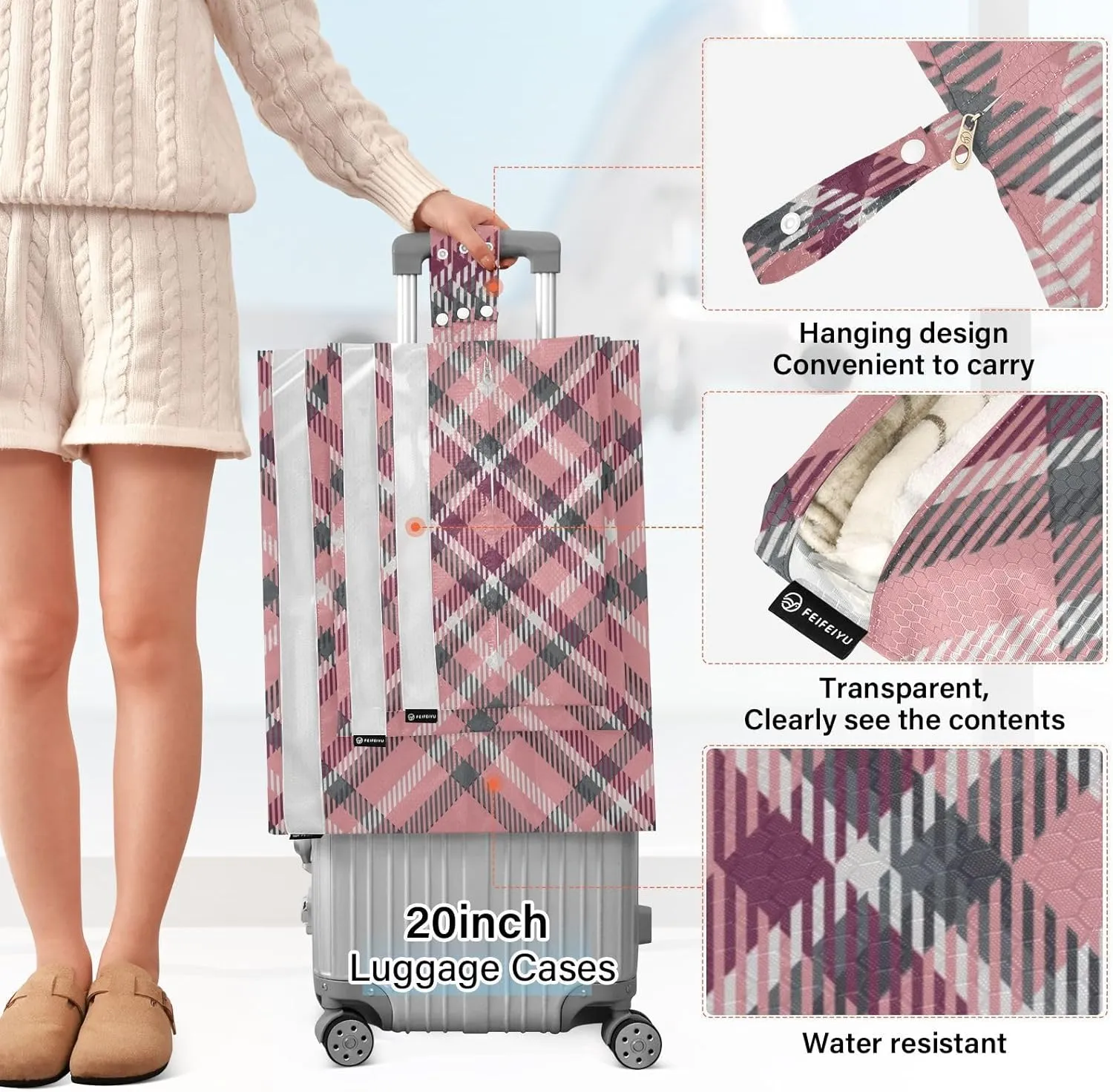 Buffalo Plaid Check Scotland Pink 3 Set Travel Packing Cubes For Suitcases, Foldable, Garment Bag Closet Storage, Luggage Space Saver, Luggages Management Personnel