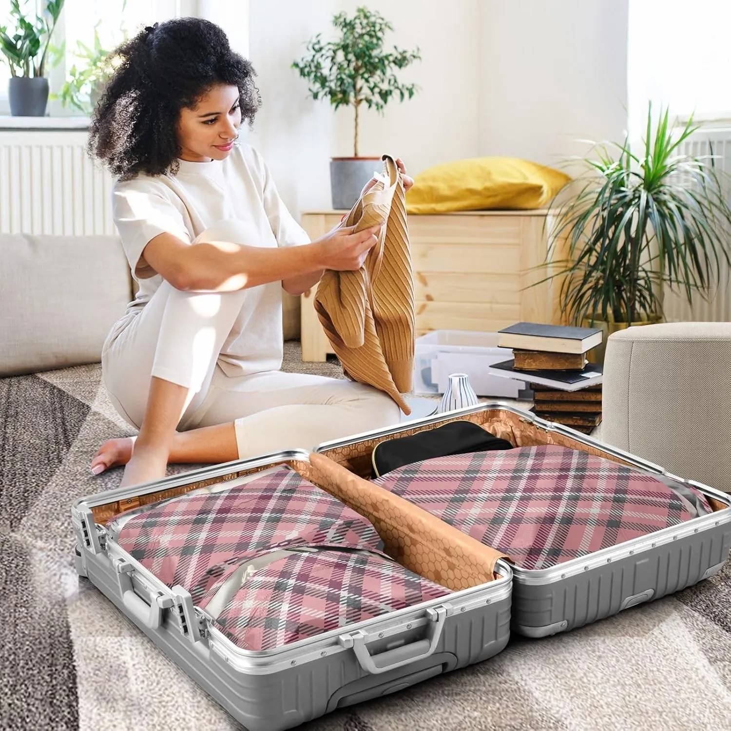Buffalo Plaid Check Scotland Pink 3 Set Travel Packing Cubes For Suitcases, Foldable, Garment Bag Closet Storage, Luggage Space Saver, Luggages Management Personnel