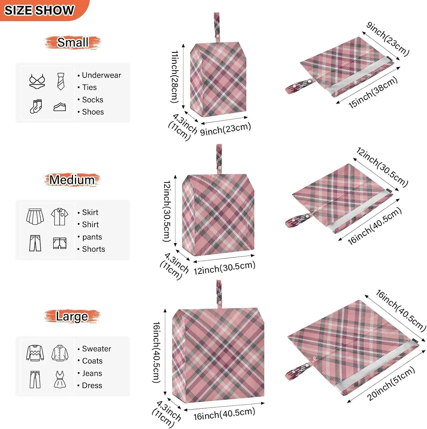 Buffalo Plaid Check Scotland Pink 3 Set Travel Packing Cubes For Suitcases, Foldable, Garment Bag Closet Storage, Luggage Space Saver, Luggages Management Personnel