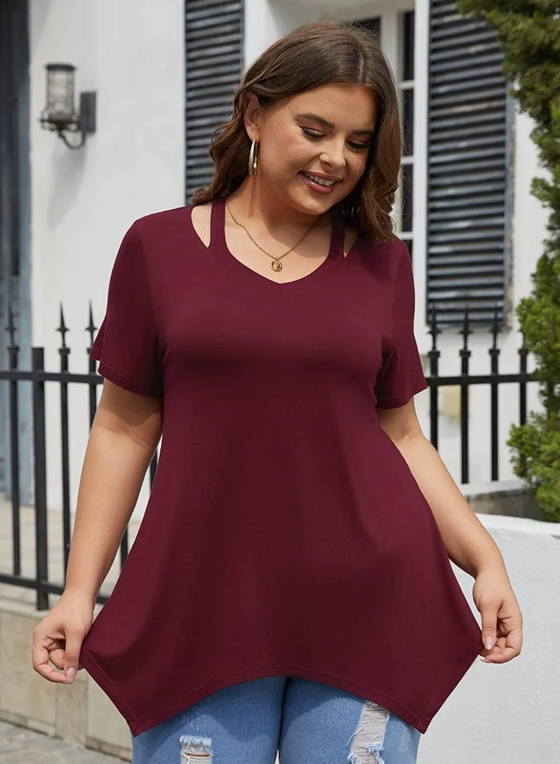 Bulotus Womens Short Sleeve Tunic Tops Cut Out V Neck Dressy Casual Loose Fit Long Tops