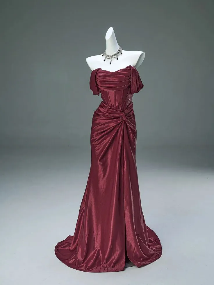 Burgundy Off Shoulder Mermaid Satin Long Formal Evening Party Dresses, D847